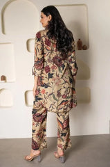 Floral Printed Knee Length V Neck Rayon Co-ords Set-HFXMA-K143-BEIGE