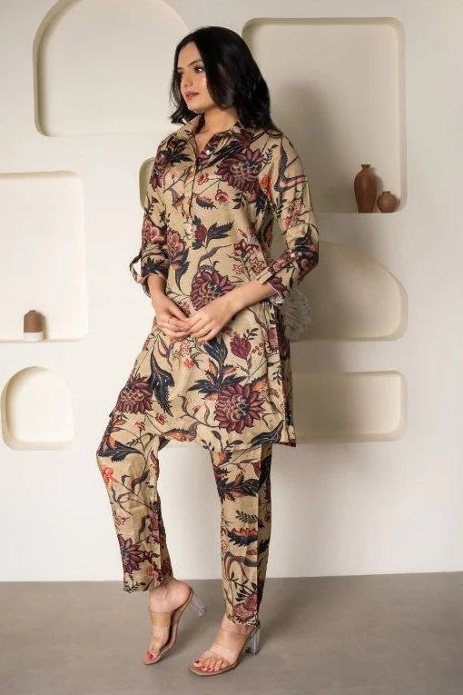 Floral Printed Knee Length V Neck Rayon Co-ords Set