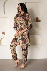 Floral Printed Knee Length V Neck Rayon Co-ords Set-HFXMA-K143-BEIGE