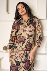 Floral Printed Knee Length V Neck Rayon Co-ords Set-HFXMA-K143-BEIGE