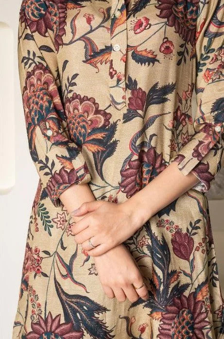 Floral Printed Knee Length V Neck Rayon Co-ords Set