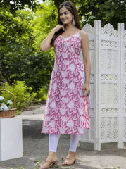 Women's Floral Printed Knee Length V Neck Sleeveless Rayon Kurti (Pink)-HFXMA-K145-PINK