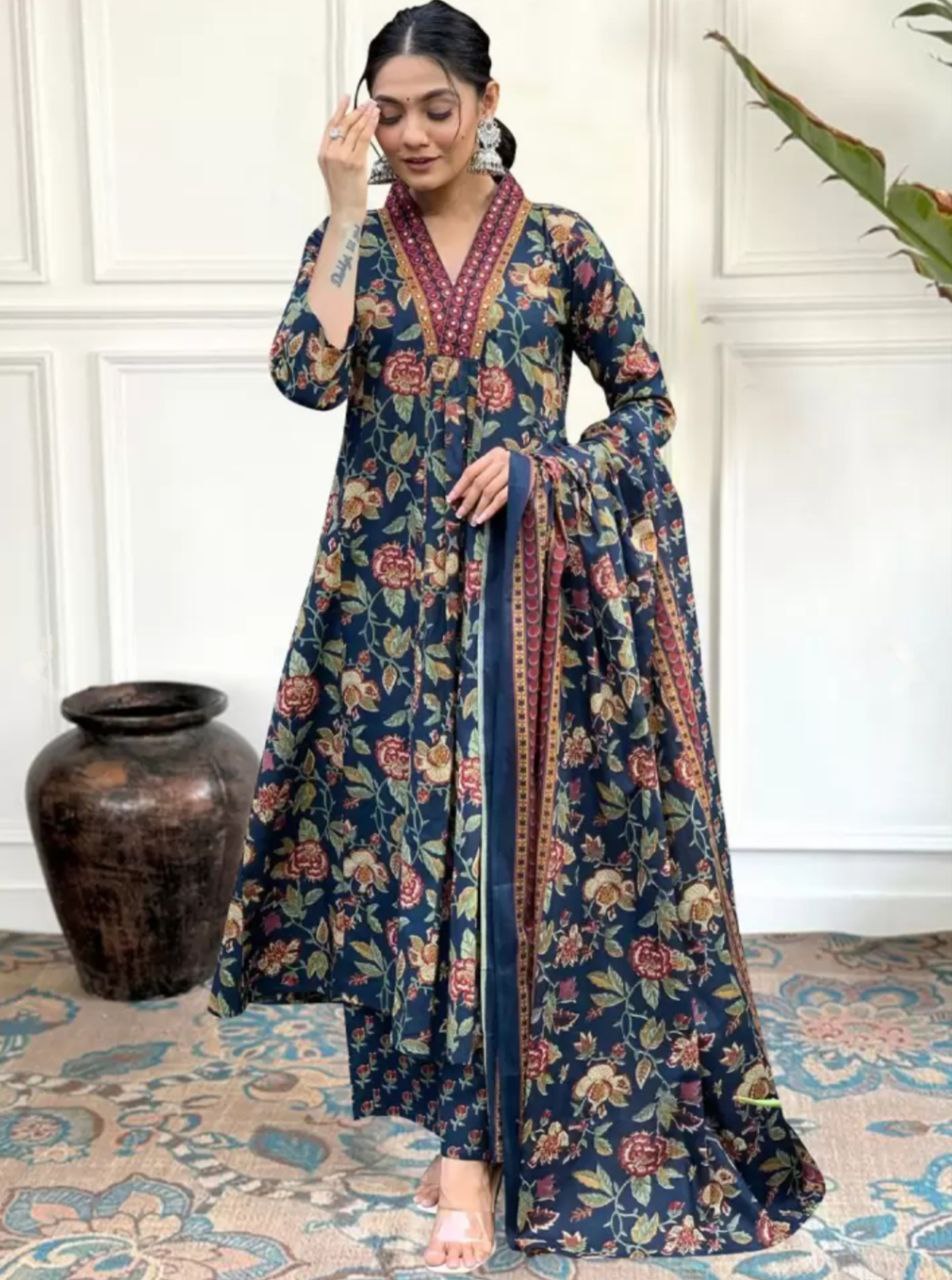 Floral Printed Calf Length Flared Anarkali And Palazzo With Printed Dupatta (Blue)