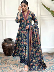 Floral Printed Calf Length Flared Anarkali And Palazzo With Printed Dupatta (Blue)-HFXMA-K151-BLUE