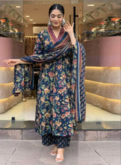 Floral Printed Calf Length Flared Anarkali And Palazzo With Printed Dupatta (Blue)-HFXMA-K151-BLUE