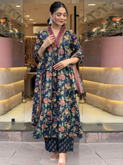 Floral Printed Calf Length Flared Anarkali And Palazzo With Printed Dupatta (Blue)-HFXMA-K151-BLUE