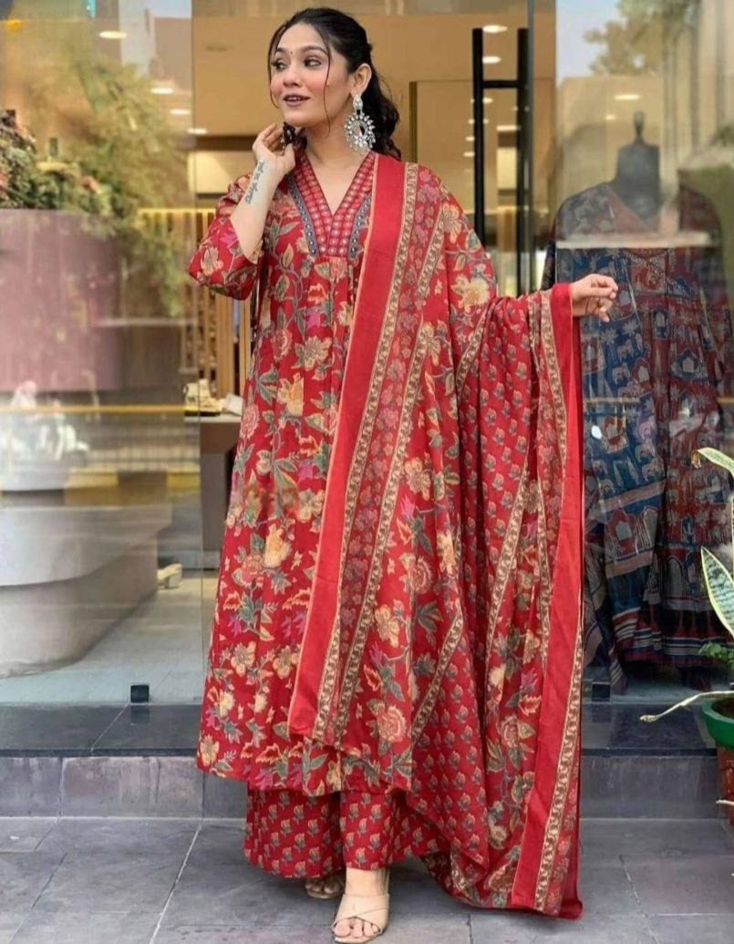 Floral Printed Calf Length Flared Anarkali And Palazzo With Printed Dupatta (Maroon)