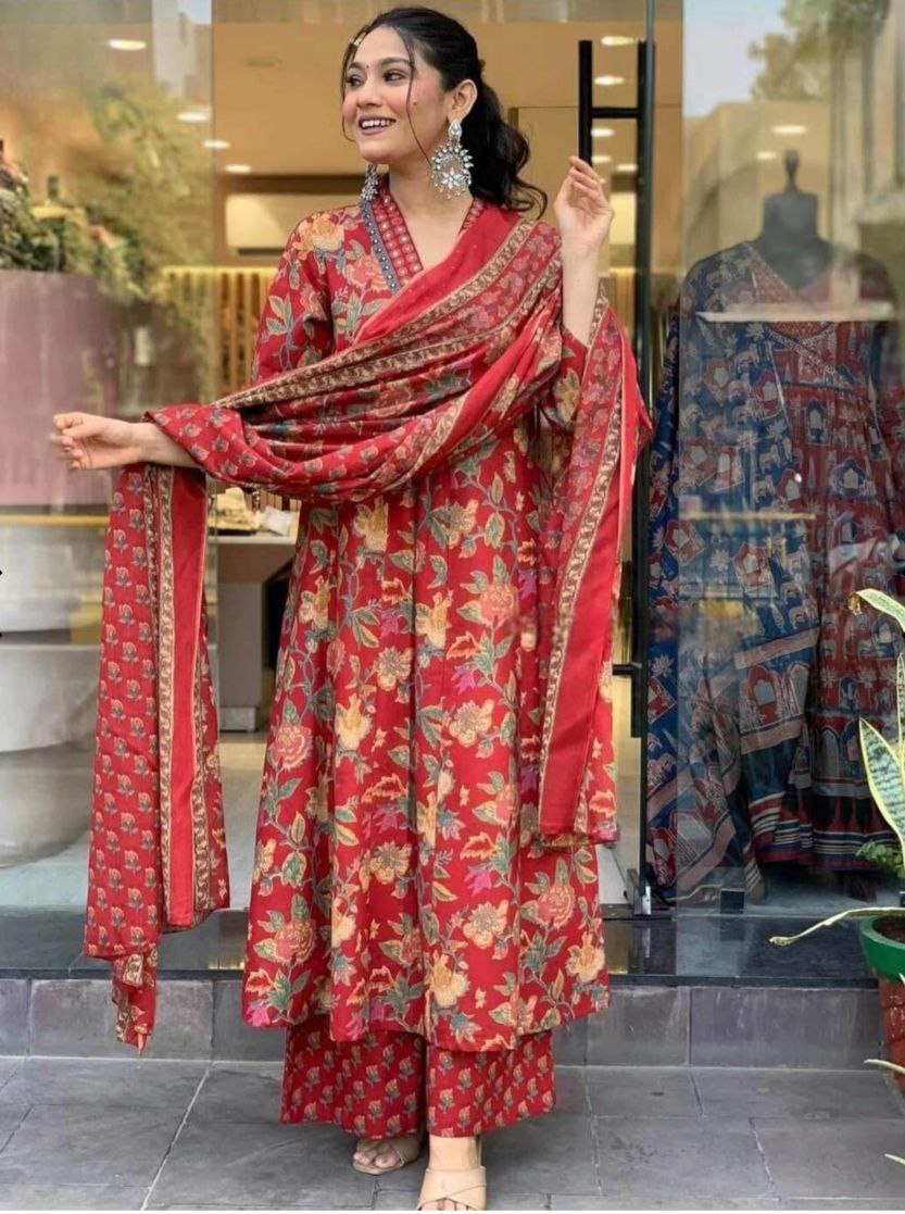 Floral Printed Calf Length Flared Anarkali And Palazzo With Printed Dupatta (Maroon)