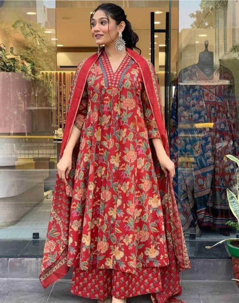 Floral Printed Calf Length Flared Anarkali And Palazzo With Printed Dupatta (Maroon)