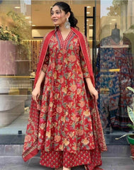Floral Printed Calf Length Flared Anarkali And Palazzo With Printed Dupatta (Maroon)-HFXMA-K151-MAROON