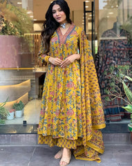 Floral Printed Calf Length Flared Anarkali And Palazzo With Printed Dupatta (Mustard)-HFXMA-K151-MUSTARD