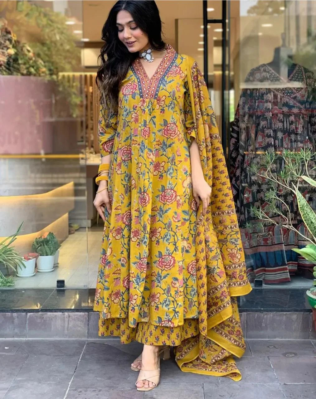 Floral Printed Calf Length Flared Anarkali And Palazzo With Printed Dupatta (Mustard)