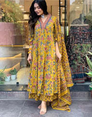 Floral Printed Calf Length Flared Anarkali And Palazzo With Printed Dupatta (Mustard)-HFXMA-K151-MUSTARD