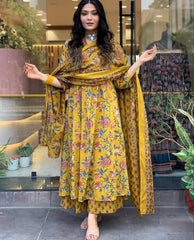 Floral Printed Calf Length Flared Anarkali And Palazzo With Printed Dupatta (Mustard)-HFXMA-K151-MUSTARD