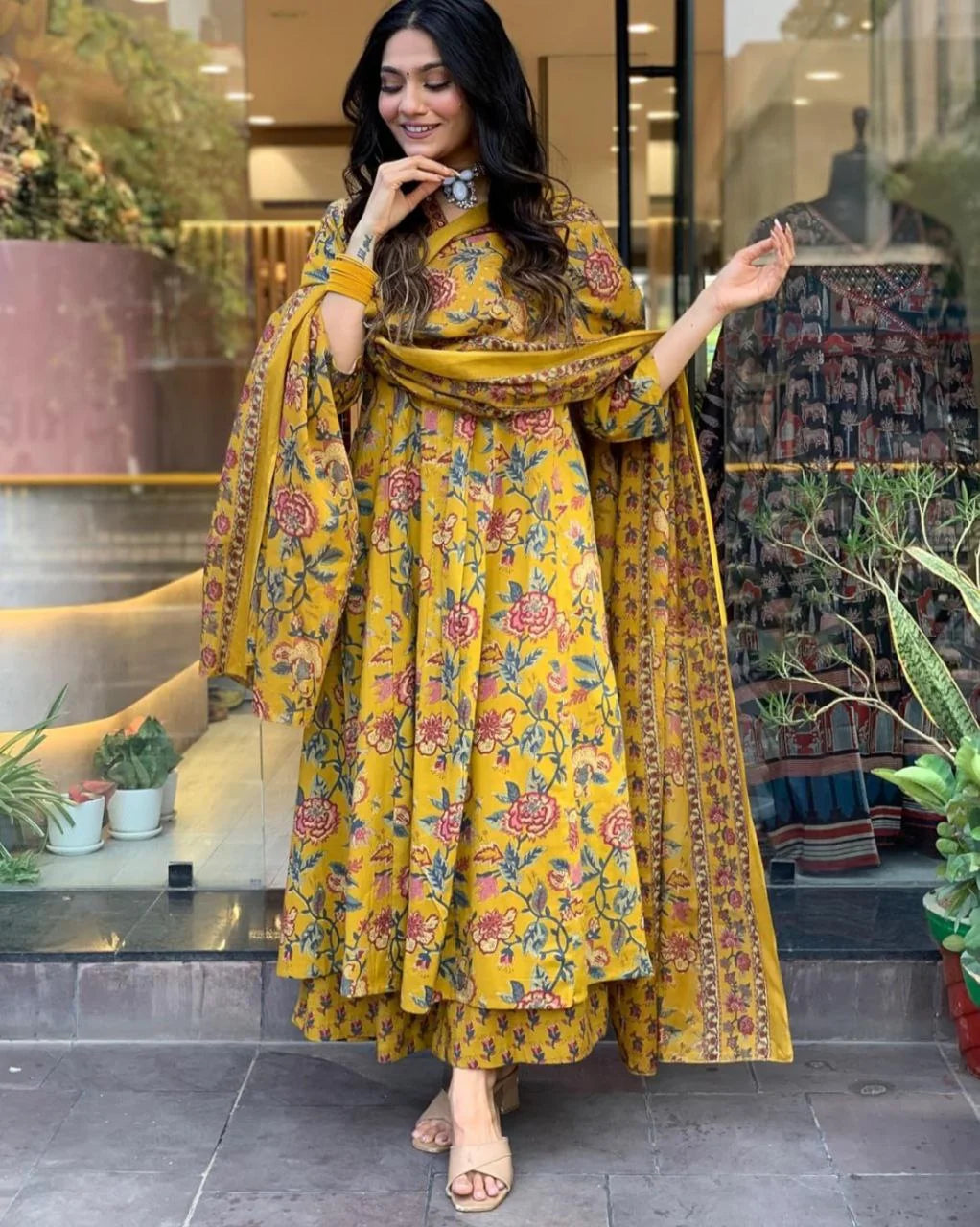 Floral Printed Calf Length Flared Anarkali And Palazzo With Printed Dupatta (Mustard)