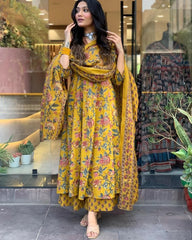 Floral Printed Calf Length Flared Anarkali And Palazzo With Printed Dupatta (Mustard)-HFXMA-K151-MUSTARD