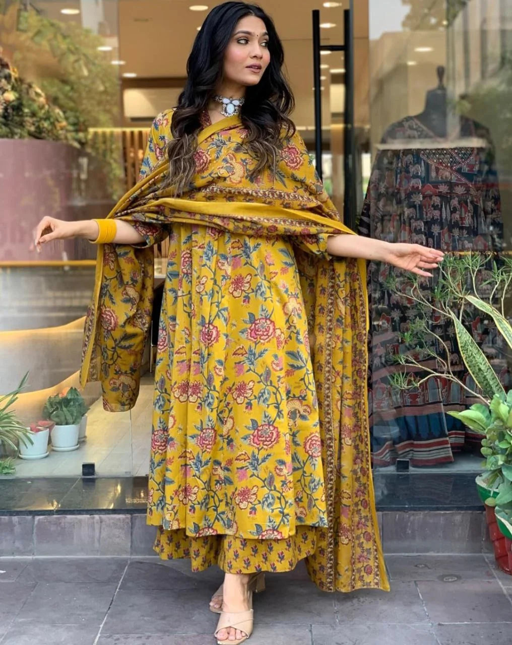 Floral Printed Calf Length Flared Anarkali And Palazzo With Printed Dupatta (Mustard)