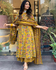 Floral Printed Calf Length Flared Anarkali And Palazzo With Printed Dupatta (Mustard)-HFXMA-K151-MUSTARD