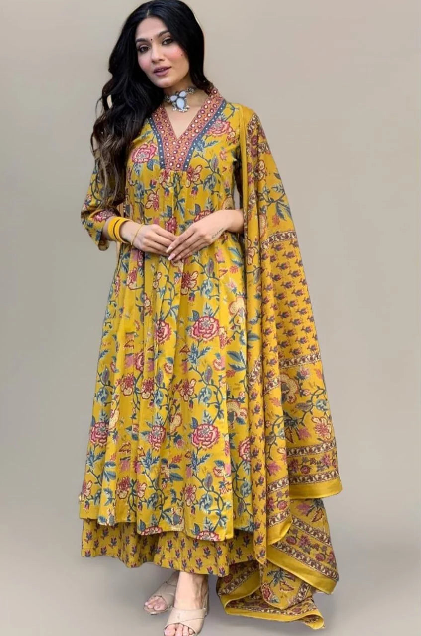 Floral Printed Calf Length Flared Anarkali And Palazzo With Printed Dupatta (Mustard)-HFXMA-K151-MUSTARD