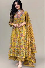 Floral Printed Calf Length Flared Anarkali And Palazzo With Printed Dupatta (Mustard)-HFXMA-K151-MUSTARD