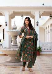 Women's Knee Length Flared Anarkali Kurti And Pant Set With Printed Dupatta-HFXMA-K153-GREEN