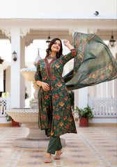 Women's Knee Length Flared Anarkali Kurti And Pant Set With Printed Dupatta-HFXMA-K153-GREEN