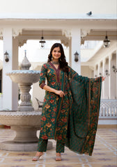 Women's Knee Length Flared Anarkali Kurti And Pant Set With Printed Dupatta-HFXMA-K153-GREEN