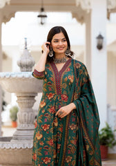 Women's Knee Length Flared Anarkali Kurti And Pant Set With Printed Dupatta-HFXMA-K153-GREEN