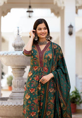 Women's Knee Length Flared Anarkali Kurti And Pant Set With Printed Dupatta-HFXMA-K153-GREEN