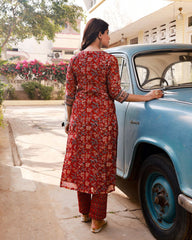 Floral Printed Knee Length V Neck Rayon Kurti And Pant Set With Printed Dupatta-HFXMA-K155-MAROON