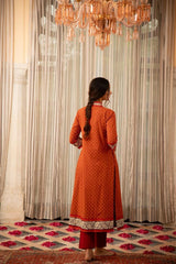 Women's Printed Knee Length V Neck Rayon Kurti And Pant Set-HFXMA-K156-ORANGE