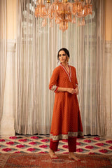 Women's Printed Knee Length V Neck Rayon Kurti And Pant Set-HFXMA-K156-ORANGE