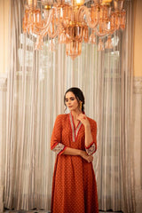 Women's Printed Knee Length V Neck Rayon Kurti And Pant Set-HFXMA-K156-ORANGE