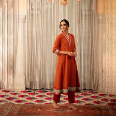 Women's Printed Knee Length V Neck Rayon Kurti And Pant Set-HFXMA-K156-ORANGE