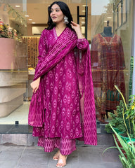 Women's Floral Printed Knee Length Flared Rayon Kurti And Palazzo Set With Printed Cotton Dupatta (K163)-HFXMA-K163-PURPLE