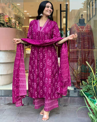 Women's Floral Printed Knee Length Flared Rayon Kurti And Palazzo Set With Printed Cotton Dupatta (K163)-HFXMA-K163-PURPLE