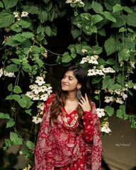 Women's Floral Printed Knee Length Flared Rayon Kurti And Pant Set With Cotton Printed Dupatta (K169)-HFXMA-K169-RED