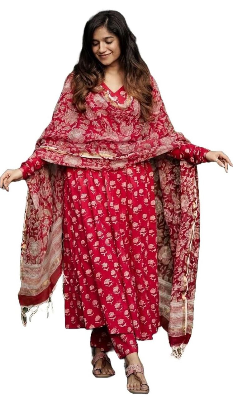 Women's Floral Printed Knee Length Flared Rayon Kurti And Pant Set With Cotton Printed Dupatta (K169)