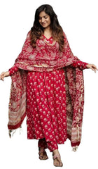 Women's Floral Printed Knee Length Flared Rayon Kurti And Pant Set With Cotton Printed Dupatta (K169)-HFXMA-K169-RED