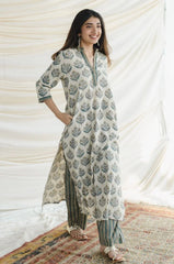 Women's Floral Printed Knee Length V Neck 3/4 Sleeves Rayon Kurta Set (K195)-HFXMA-K195-WHITE