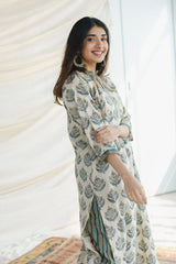 Women's Floral Printed Knee Length V Neck 3/4 Sleeves Rayon Kurta Set (K195)-HFXMA-K195-WHITE