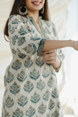 Women's Floral Printed Knee Length V Neck 3/4 Sleeves Rayon Kurta Set (K195)-HFXMA-K195-WHITE