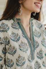 Women's Floral Printed Knee Length V Neck 3/4 Sleeves Rayon Kurta Set (K195)-HFXMA-K195-WHITE