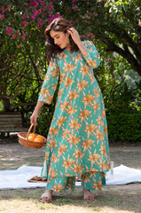 Floral Printed Calf Length Rayon V Neck Kurta And Pant Set For Women (K196)-HFXMA-K196-RAMA