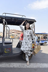 Women's Floral Printed Knee Length V Neck Rayon Kurti And Pant Set (K197)-HFXMA-K197-WHITE