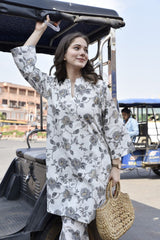 Women's Floral Printed Knee Length V Neck Rayon Kurti And Pant Set (K197)-HFXMA-K197-WHITE