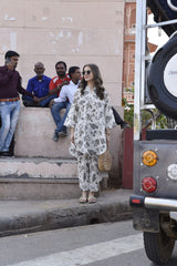 Women's Floral Printed Knee Length V Neck Rayon Kurti And Pant Set (K197)-HFXMA-K197-WHITE