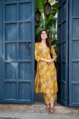 Women's Printed Knee Length V Neck Kurta And Pant Set (K198)-HFXMA-K198-YELLOW