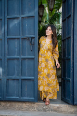 Women's Printed Knee Length V Neck Kurta And Pant Set (K198)-HFXMA-K198-YELLOW