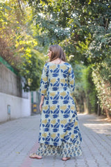 Women's Floral Printed Knee Length V Neck Kurta set (K199)-HFXMA-K199-BLUE